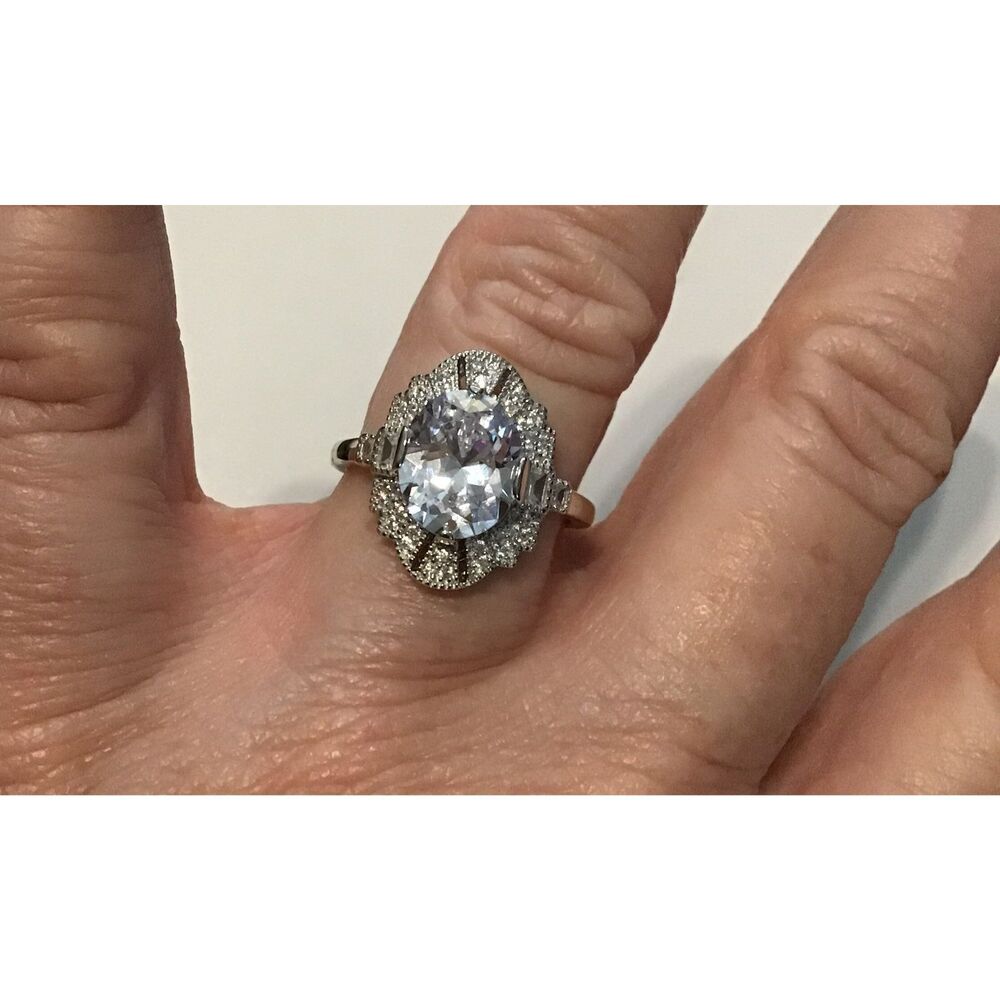 7.5 Carat Oval Cut Pave Set Sim Diamond Filigree Design Ring Sz 9~.925 Sterling